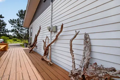 Tall driftwood pieces displayed along the deck