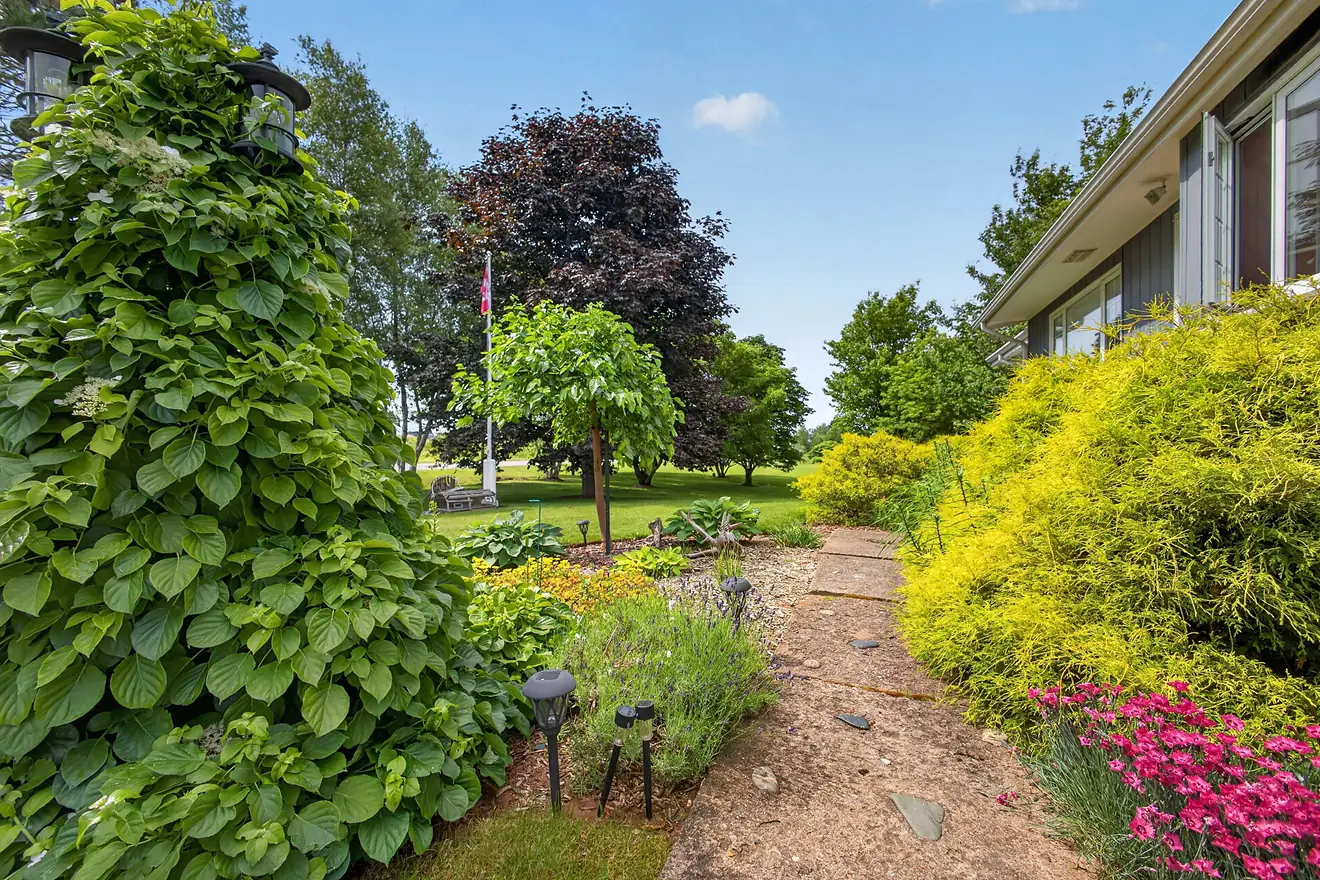 A flower-lined garden path beside the house at Heron's Nest Sanctuary